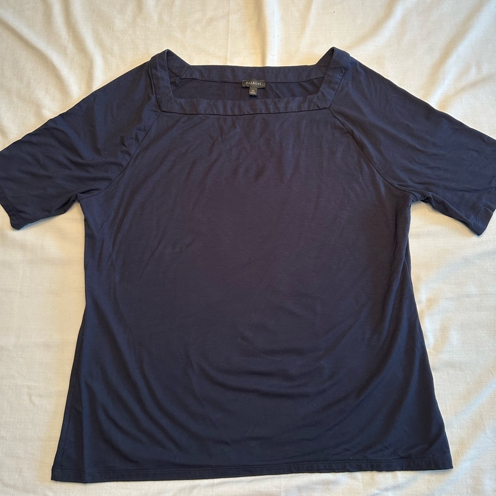 Talbots Navy Blue, square necked jersey stretch top with elbow length sleeve